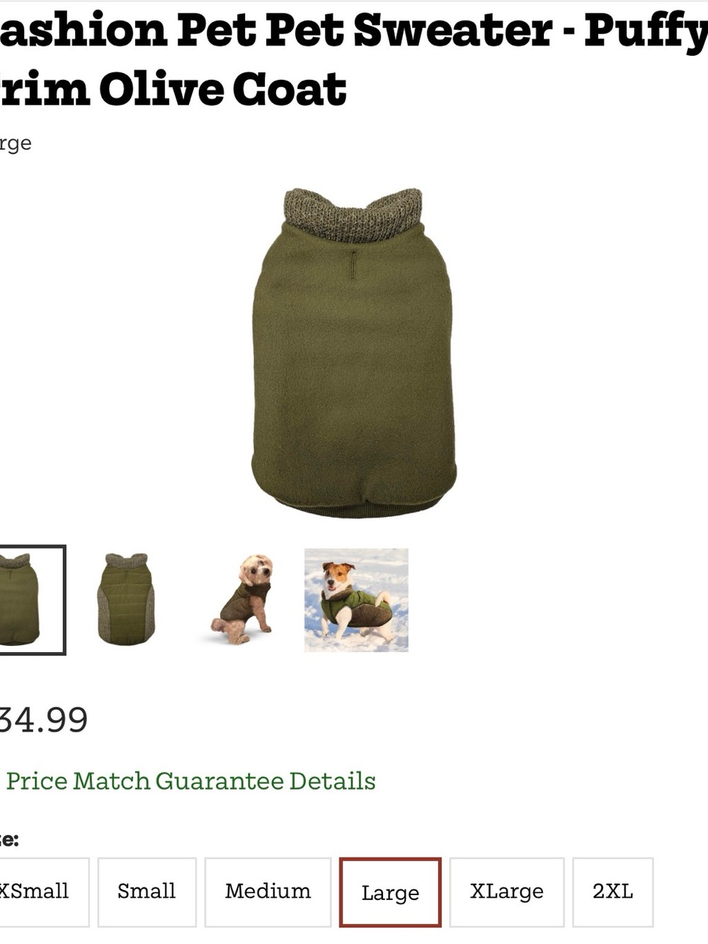 LIKE NEW! Fashion Pet Pet Sweater - Puffy
Trim Olive Green Coat (Size LG)